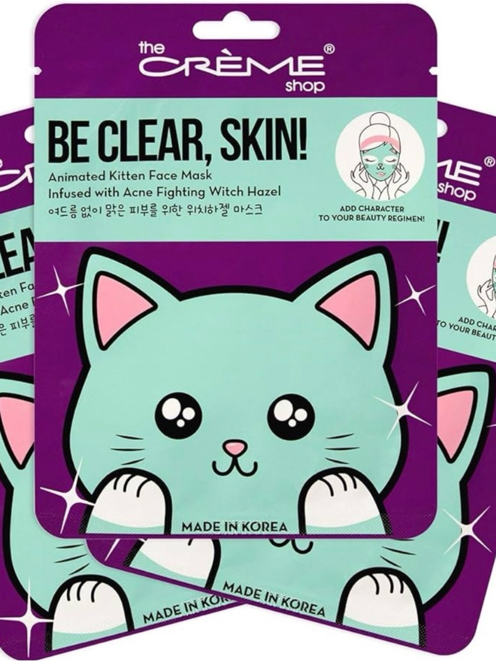 The Crème Shop Be Clear, Skin! Animated Kitten Face Mask - pack of 3